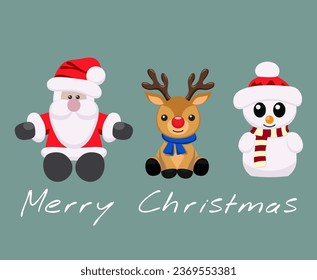 vector christmas cute cartoon of santa claus, rudolph reindeer and snowman isolated on blue background. childish soft toys with funny characters for merry christmas and new year illustrations