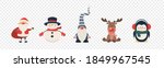 Vector Christmas Cute Characters and Animals Icon Set Isolated. Santa Claus, Snowman, Reindeer, Gnome, Penguin in Cartoon Flat Style. Design Template for Merry Christmas and Happy New Year Card