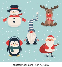 Juego de caracteres vectoriales y animales de la dieta navideña. Santa Claus, hombre de nieve, reno, gnomo, pingüino al estilo plano de caricatura. Plantilla de diseño para Feliz Navidad y Feliz Año Nuevo