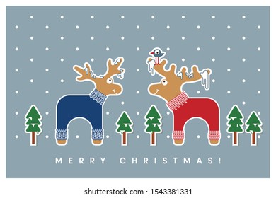 Vector Christmas cute greeting card with adorable reindeer and elk in knitted sweaters. Xmas holiday background. Merry Christmas card.