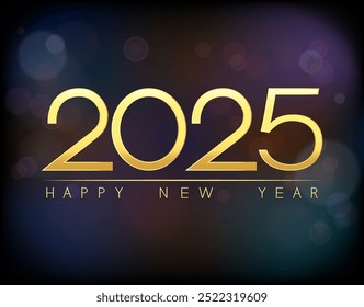 Vector Christmas dark background with bokeh and inscription Happy New Year 2025.