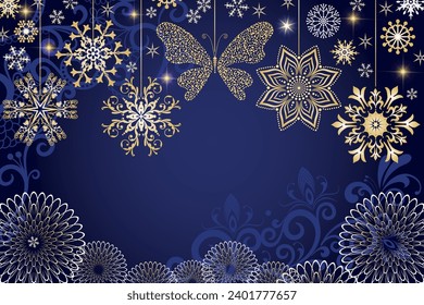 Vector Christmas dark blue gradient frame with golden snowflakes and butterfly