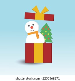 Vector del día de la navidad adorable lindo árbol de navidad de los muñecos de nieve en la caja de regalo para navidad día de la compra en línea afiche de navidad de los muñecos de nieve en una gran caja de regalos en una mínima ilustración de diseño de carteles.