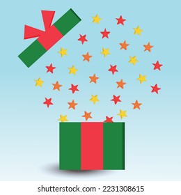 Vector of christmas day lovely cute gift box open and group star boom inside surprise spread out for christmas day online shopping sale poster gift box birthday sale minimal design illustration.