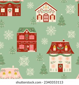 Vector Christmas Decorated Houses Seamless Pattern