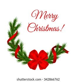 Vector Christmas decoration. Christmas background with detailed realistic fir branches, red bow and ribbons