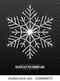 Vector Christmas Decoration Elegant Shining Silver Snowflake Isolated on Transparent Background. Merry Xmas and Happy New Year Symbol Design Element