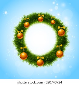 Vector christmas decoration, fir wreath with gold baubles