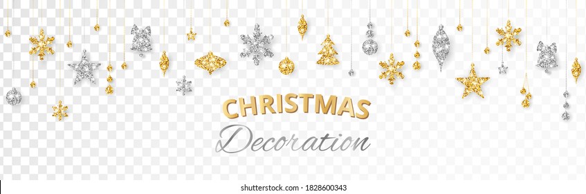 Vector Christmas decoration. Gold and silver ornaments isolated on white background. Christmas holiday frame, border. Glitter garland for celebration banners, headers. Can be repeated horizontally.