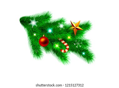 Vector christmas decoration isolated on white background. Fir tree branch decorated with red bauble, gold star, candy cane, snowflakes and christmas lights.  Festive design element. Easy to use.