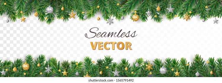 Vector Christmas Decoration Isolated On White Background. Seamless Holiday Border, Frame With Gold And Silver Ornaments. Pine Tree Branches. For Celebration Banners, Headers, Posters.