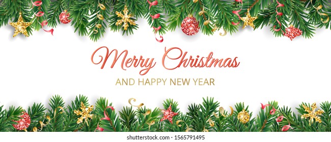 Vector Christmas decoration isolated on white background. Seamless holiday border, frame with gold and red ornaments. Pine tree branches. For celebration banners, headers, posters.