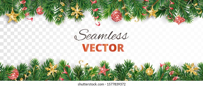 Vector Christmas Decoration Isolated On White Background. Seamless Holiday Border, Frame With Gold And Red Ornaments. Pine Tree Branches. For Celebration Banners, Headers, Posters.