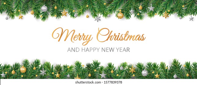 Vector Christmas decoration isolated on white background. Holiday border, frame with gold and silver ornaments. Pine tree branches. For celebration banners, headers, posters.