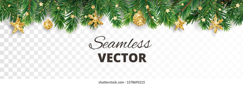 Vector Christmas decoration isolated on white background. Seamless holiday border, frame with gold ornaments. Pine tree branches. For celebration banners, headers, posters.