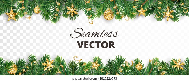 Vector Christmas decoration isolated on white background. Seamless holiday border, frame with gold ornaments. Pine tree branches. For celebration banners, headers, posters.