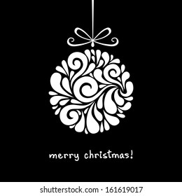 Vector Christmas decoration made from swirl shapes. Ball with bow. Original modern circle design element. Greeting, invitation cute card. Simple decorative black and white illustration for print, web 