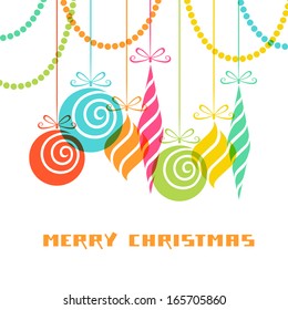 Vector christmas decoration made from swirl shapes. Color balls and toys with bow. Original modern design element. Greeting, invitation cute card. Festive simple decorative illustration for print, web