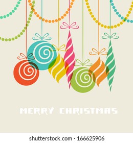 Vector christmas decoration made from swirl shapes. Color balls and toys with bow. Original modern design element. Greeting, invitation cute card. Festive simple decorative illustration for print, web