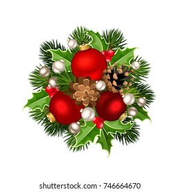 Vector Christmas decoration with red and silver balls, fir-tree branches, cones and holly isolated on a white background.