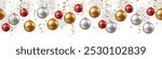 Vector christmas decoration seamless pattern design with gold, silver and red baubles, snowflakes and streamers