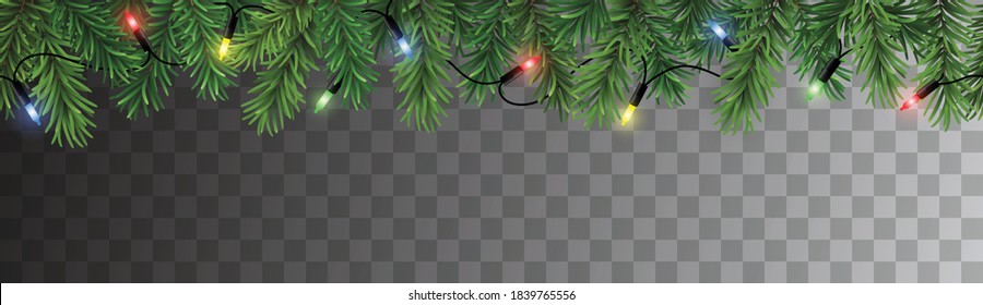 Vector christmas decoration seamless pattern with branches and colorful christmas lights isolated on dark background
