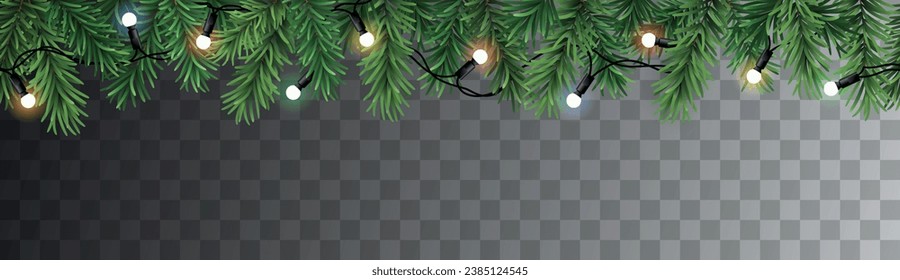 Vector christmas decoration seamless pattern with branches and colorful christmas lights isolated on dark background