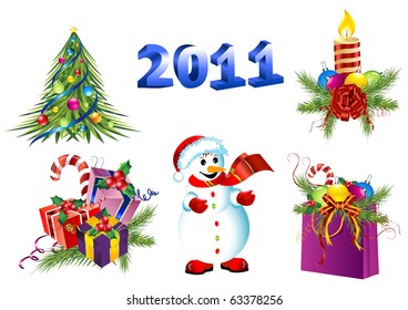 Decoración de navidad vectorial - Bellamente navideña pino, cinta, árbol de navidad, bola colorida, vela, composición de año nuevo 2010