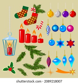 Vector - christmas decoration set with fir, candles, glass balls, lantern and socks, template.