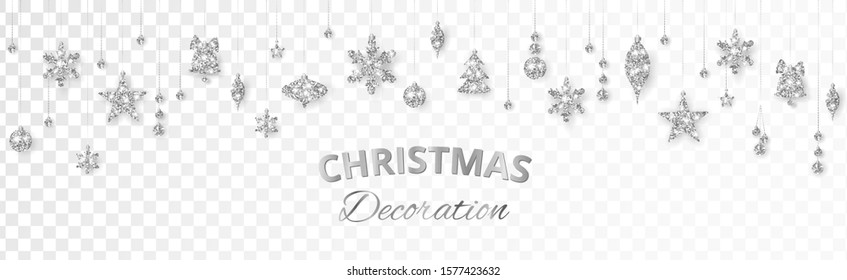 Vector Christmas decoration. Silver ornaments isolated on white background. Christmas holiday frame, border. Glitter garland for celebration banners, headers. Can be repeated horizontally.