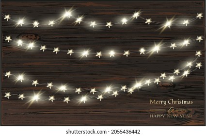  Decoración vectorial de Navidad. Las guirnaldas claras transparentes y el fondo de la madera. concepto de decoración navideña