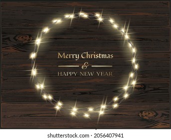 Decoración vectorial de Navidad. Las guirnaldas claras transparentes y el fondo de la madera. concepto de decoración navideña