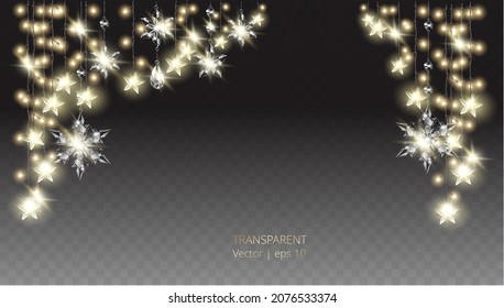 Decoración vectorial de Navidad. Las guirnaldas claras transparentes y los elementos de decoración de vidrio sobre fondo abstracto. 