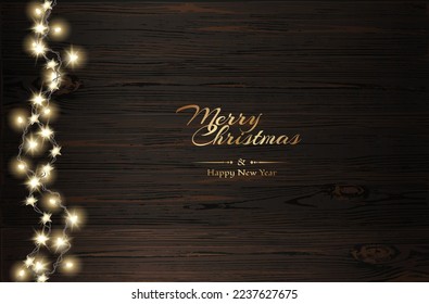 ) Vector Christmas decoration. Transparent light garlands and wood background. Christmas decoration concept