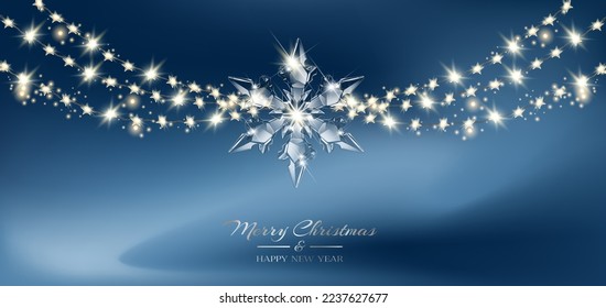 Decoración vectorial de Navidad. Las guirnaldas claras transparentes y los elementos de decoración de vidrio sobre fondo abstracto. 
