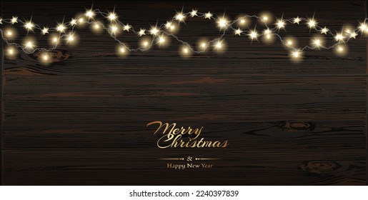 Vector Christmas decoration. Transparent light garlands and wood background. Christmas decoration concept	