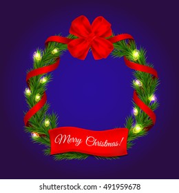 Vector Christmas decoration. Christmas wreath with detailed realistic fir branches, garland light lamps,red bow and ribbons on blue background.