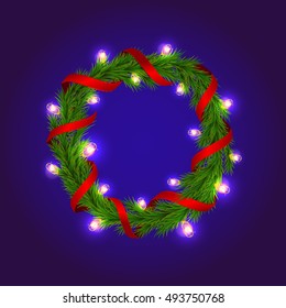 Vector Christmas decoration. Christmas wreath with detailed realistic fir branches, garland light lamps, ribbons on blue background.
