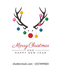 Vector Christmas decorations antlers with color bulbs with text Merry Christmas. Isolated on white background.