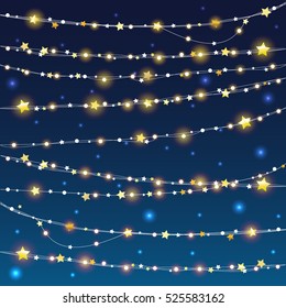 Vector Christmas decorations. Christmas lights end stars design elements. 