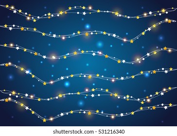 Vector Christmas decorations. Christmas lights end stars design elements. Blue