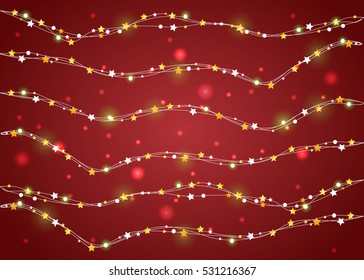 Vector Christmas decorations. Christmas lights end stars design elements. Red