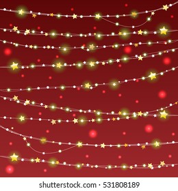 Vector Christmas decorations. Christmas lights end stars design elements. 