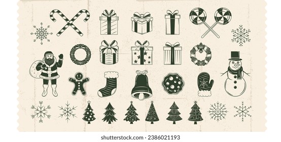 Vector Christmas decorations set. 29 Christmas vintage elements, signs and silhouettes isolated on white background. Vintage decorations for logo, card, banner, invitation, background design.
