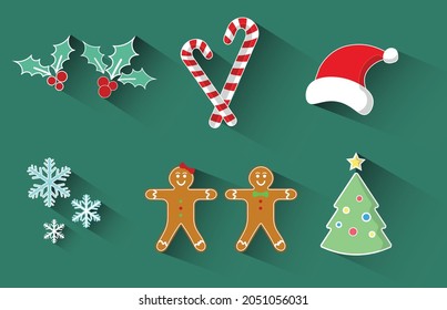 Vector Christmas Decorations İcons Set. All of the icons are isolated. Christmas hat, Candy canes, Snow flakes, Christmas Cookies and Christmas tree icons. Easy to use for graphic design.