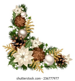 Vector Christmas decorative corner with fir branches, silver balls, poinsettia flowers, cones, holly and mistletoe.