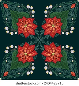 Patrón decorativo de Navidad vectorial con flores de poinsettia calidoscopio sobre fondo verde oscuro. Textura de tracería festividad sin soldadura con adorno floral para papel de pared de vacaciones, papel de embalaje, textil