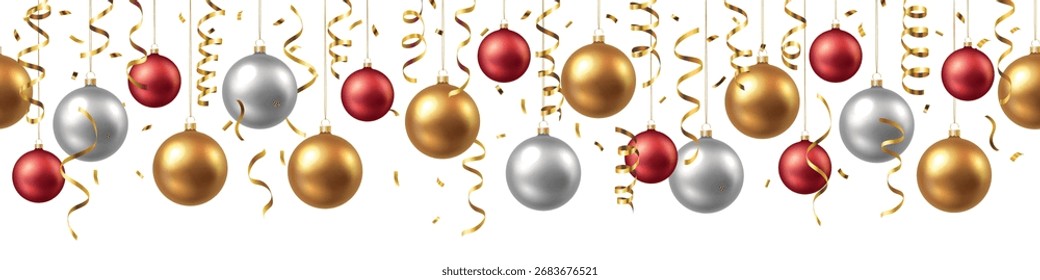 Vetor de Natal decorativo sem emenda padrão com bolhas metálicas brilhantes, galhardetes de ouro e confetes sobre fundo branco