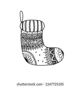 Vector Christmas decorative symbol - sock.  Christmas hand drawn coloring page book for adult
