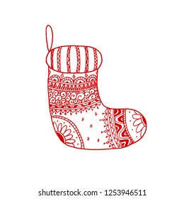 Vector Christmas decorative symbol - sock. Christmas hand drawn red stocking on white background
